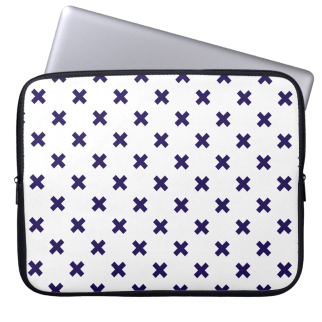 Navy blue cross stitches on white laptop sleeve (Front)