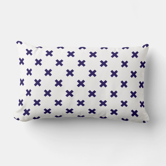 Navy blue cross stitches on white lumbar pillow (Front)