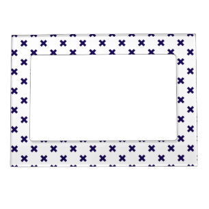 Navy blue cross stitches on white magnetic frame