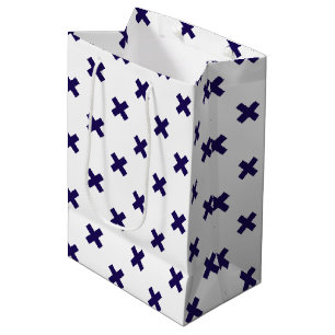 Navy blue cross stitches on white medium gift bag