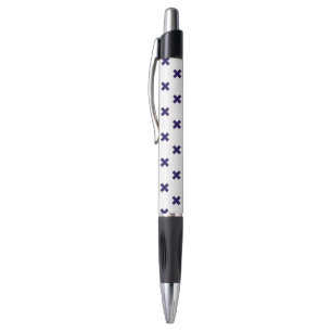 Navy blue cross stitches on white pen