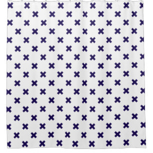 Navy blue cross stitches on white shower curtain