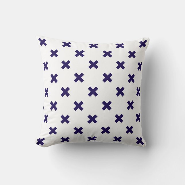 Navy blue cross stitches on white throw pillow (Front)