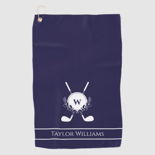 Navy Blue Crossed Golf Clubs Wreath Monogram Golf Towel