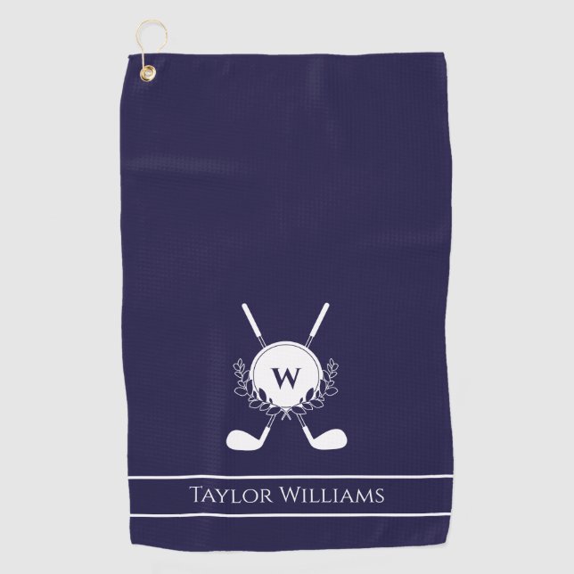 Navy Blue Crossed Golf Clubs Wreath Monogram Golf Towel (Front)