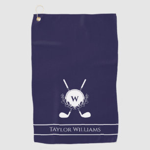 Navy Blue Crossed Golf Clubs Wreath Monogram Towel