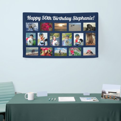 Navy Blue Custom 16 Photo Collage Birthday Party Banner