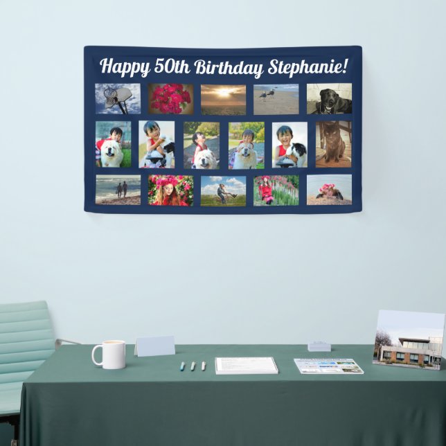 Navy Blue Custom 16 Photo Collage Birthday Party Banner (Tradeshow)