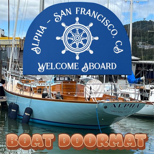 Navy Blue Custom Boat Name Helm Welcome Aboard Doormat