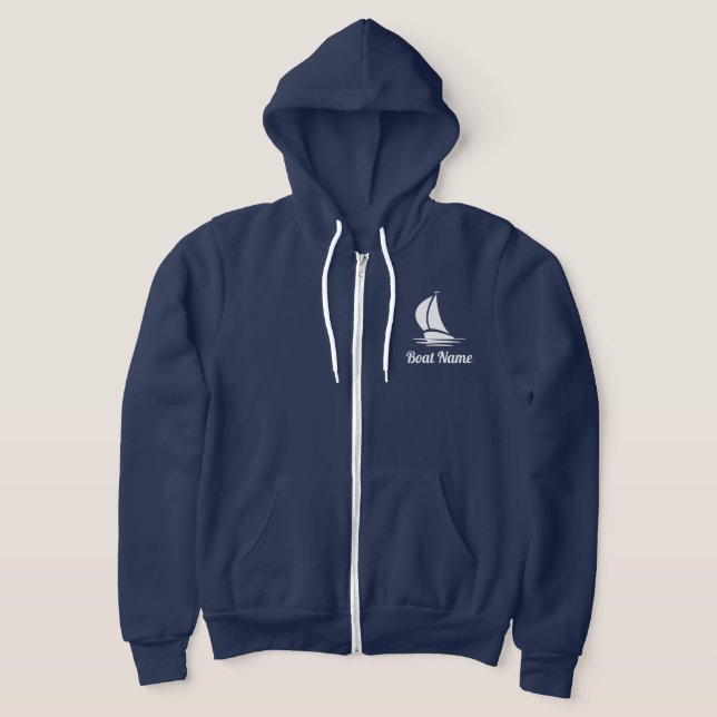 Navy blue custom boat name men's Zipper Hoodie (Laydown)