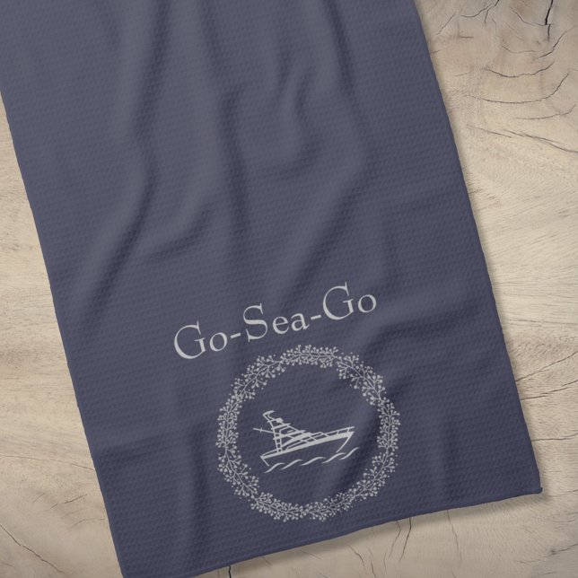 Navy Blue Custom Boat Name With Wreath Kitchen Towel (Creator Uploaded)