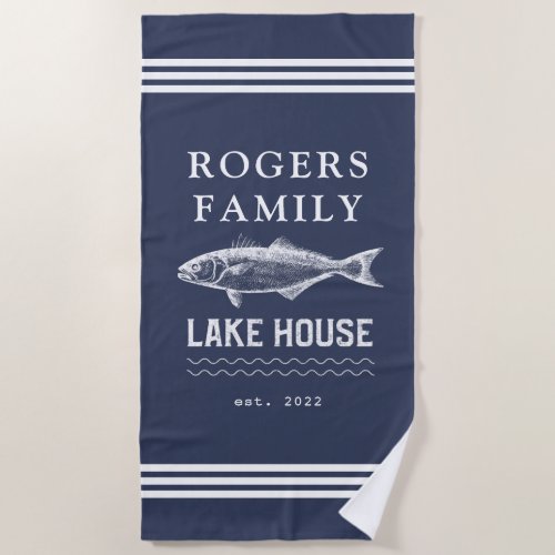 Navy Blue Custom Family Lake House Beach Towel