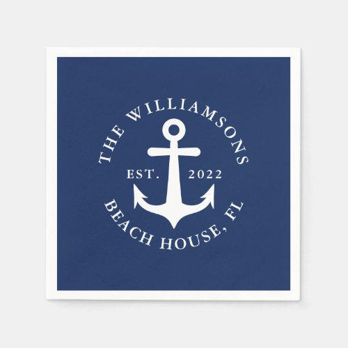 Navy Blue Custom Family Name Nautical Anchor Napkins