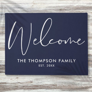 Navy Blue Custom Family Name Welcome Doormat