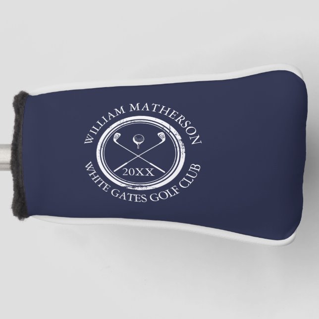 Navy Blue Custom Golfers And Club Date Golf Head Cover (Front)