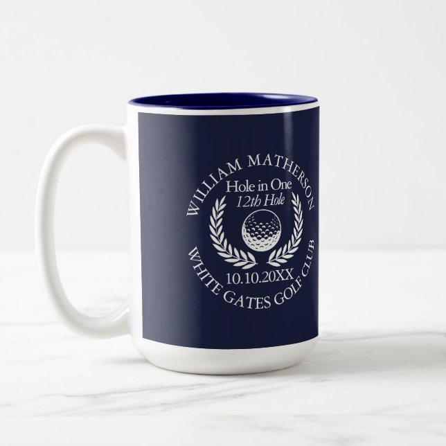 Navy Blue Custom Hole in One Golf Ball Wreath Two-Tone Coffee Mug (Left)