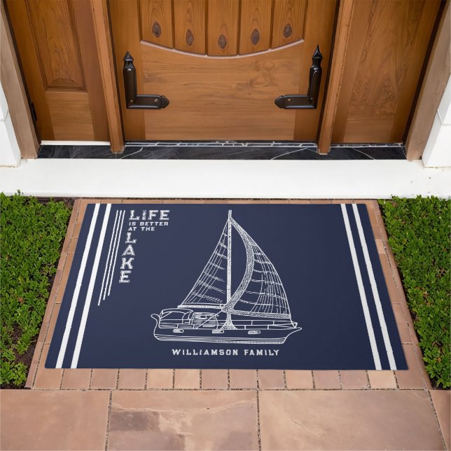 Navy Blue Custom Life is Better at the Lake Doormat (Outdoor)