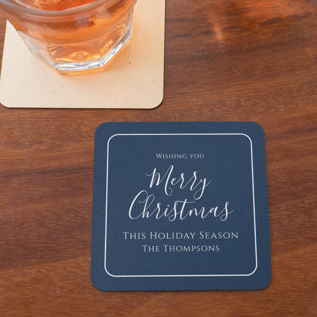 Navy Blue Custom Merry Christmas Square Paper Coaster (Merry Christmas holiday party paper coaster)