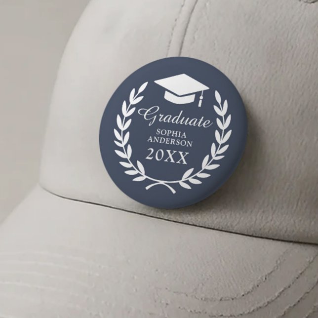 Navy Blue Custom Name Laurel Wreath Graduation Button (Creator Uploaded)