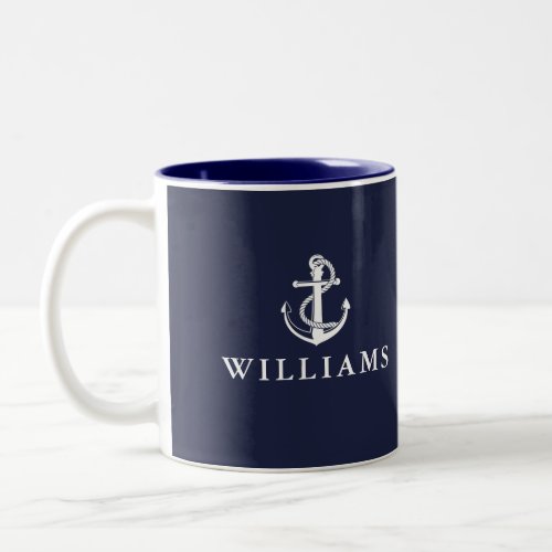 Navy Blue Custom Name Nautical Boat Anchor Two_Tone Coffee Mug