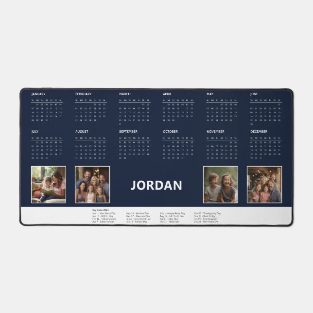 Navy Blue Custom Name Photo Collage 2024 Calendar Desk Mat (Front)