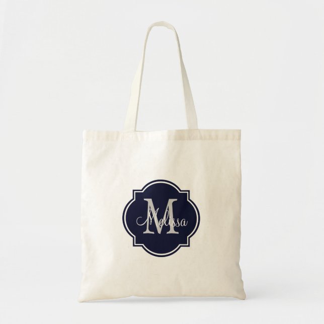 Navy Blue Custom Personalized Monogram Tote Bags (Front)