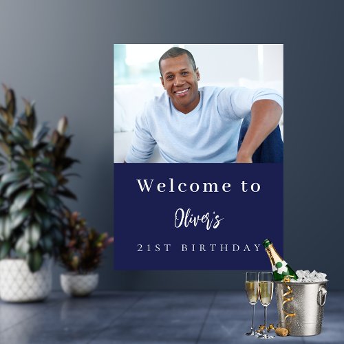 Navy blue custom photo birthday party welcome poster