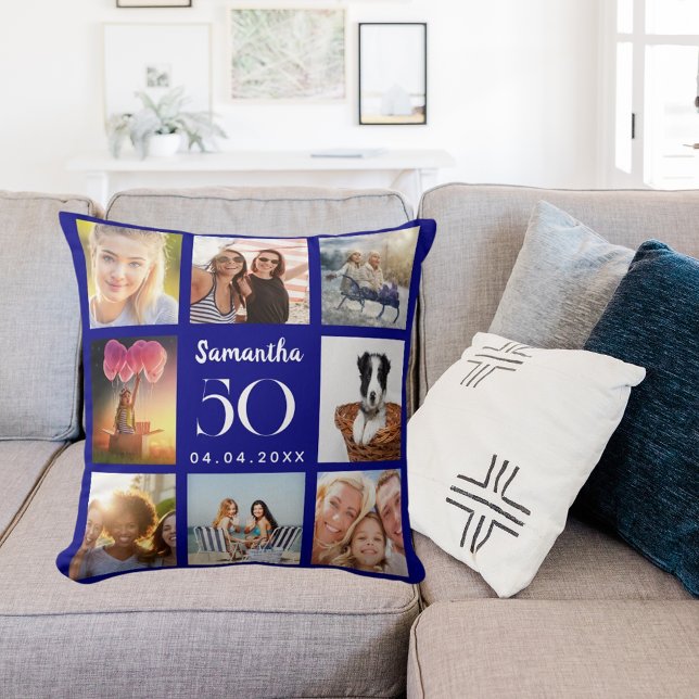 Navy blue custom photo collage birthday throw pillow (Creator Uploaded)