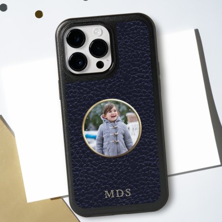 Navy Blue Custom Photo Faux Leather Look Iphone 15 Pro Max Case