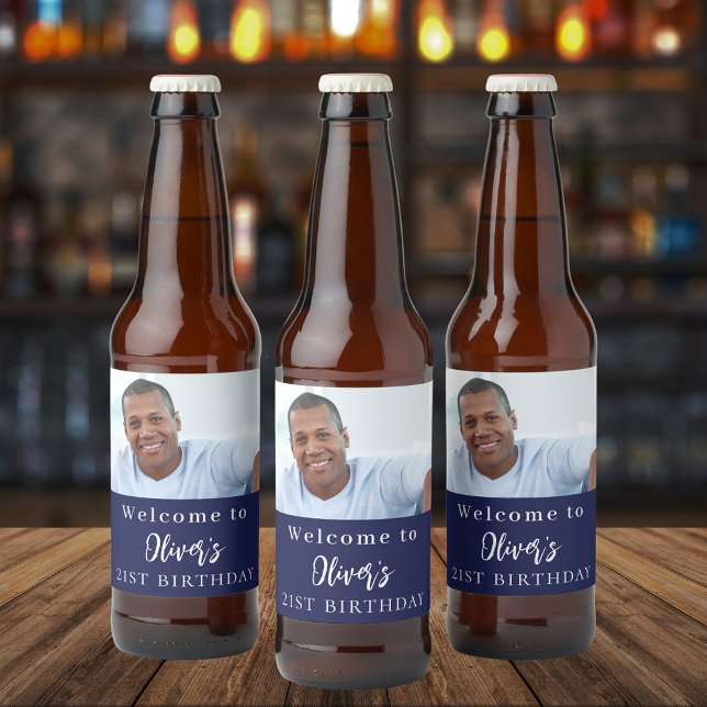 Navy blue custom photo welcome birthday beer bottle label (Creator Uploaded)
