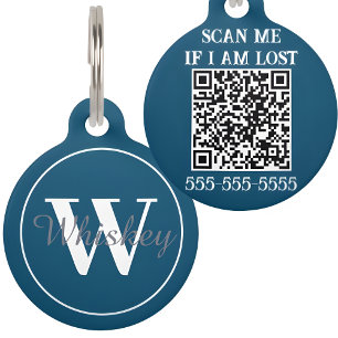 Navy Blue Custom QR Code and Monogram Pet Name ID Tag