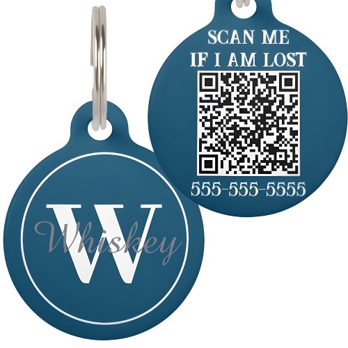 Navy Blue Custom QR Code and Monogram Pet Name Pet ID Tag