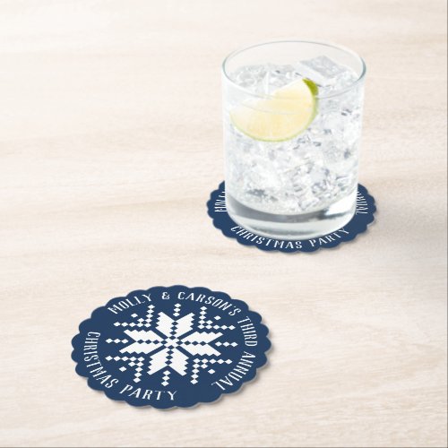 Navy Blue Custom Text Snowflake Holiday Party Paper Coaster
