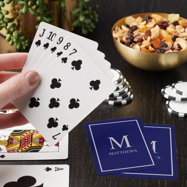 Navy Blue Customize It Silver Monogram & Name Poker Cards (In Situ)