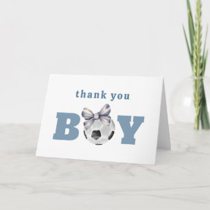Navy Blue Cute Bow Soccer Boy Baby Shower Letterpress Thank You Card