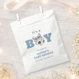 Navy Blue Cute Bow Soccer Boy Baby Shower Welcome Favor Bag