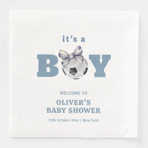 Navy Blue Cute Bow Soccer Boy Baby Shower Welcome Paper Dinner Napkins