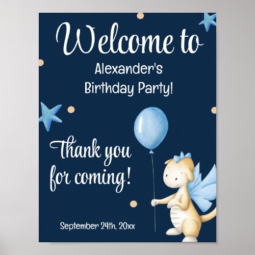 Navy Blue Cute Dragon and Balloon Birthday Welcome Poster