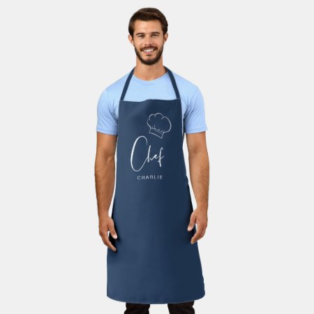 Navy Blue Cute Hat And Script Personalized Chef Apron