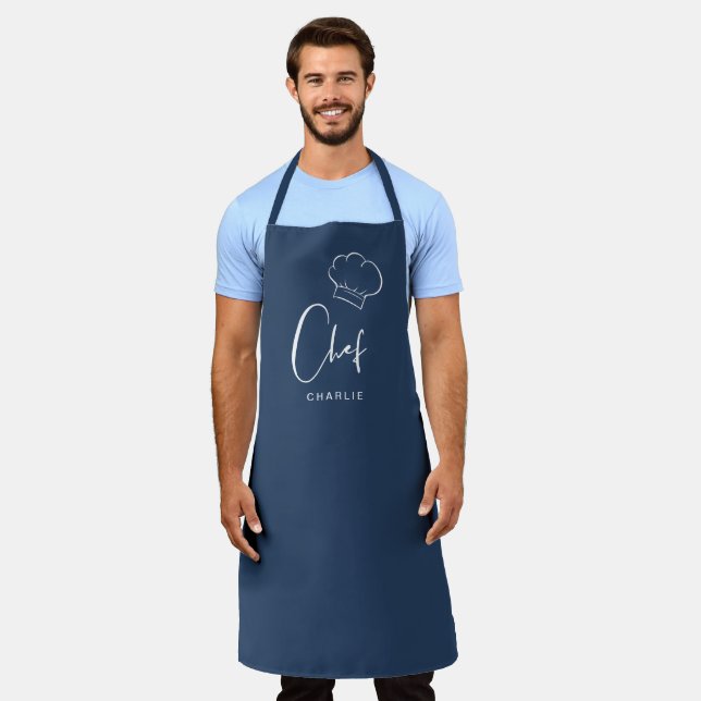 Navy blue cute hat and script personalized chef apron (Worn)