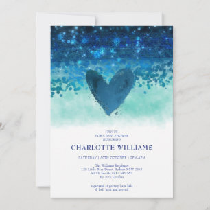 Navy Blue Cute Heart Watercolor Baby Boy Shower Invitation