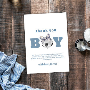 Navy Blue Cute Modern Bow Soccer Boy Baby Shower Thank You Card