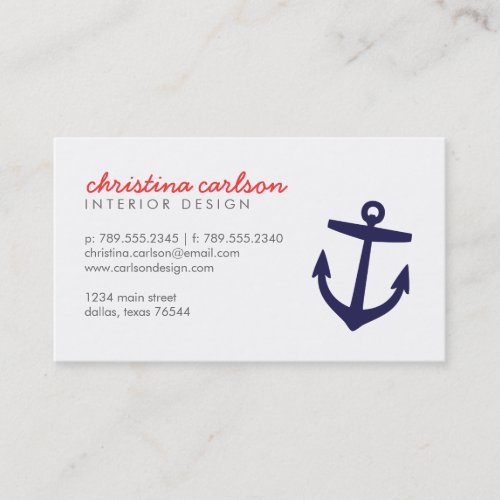 Navy Blue Cute Nautical Anchor &amp; Stripes Business Card Template