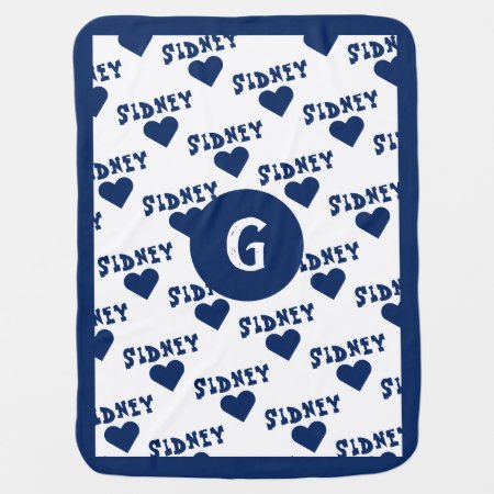 Navy Blue Cute Personalized Name And Monogram Boy Baby Blanket