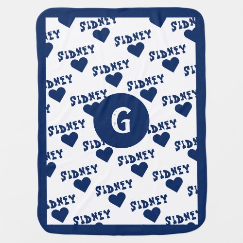 Navy Blue Cute Personalized Name and Monogram Boy Baby Blanket