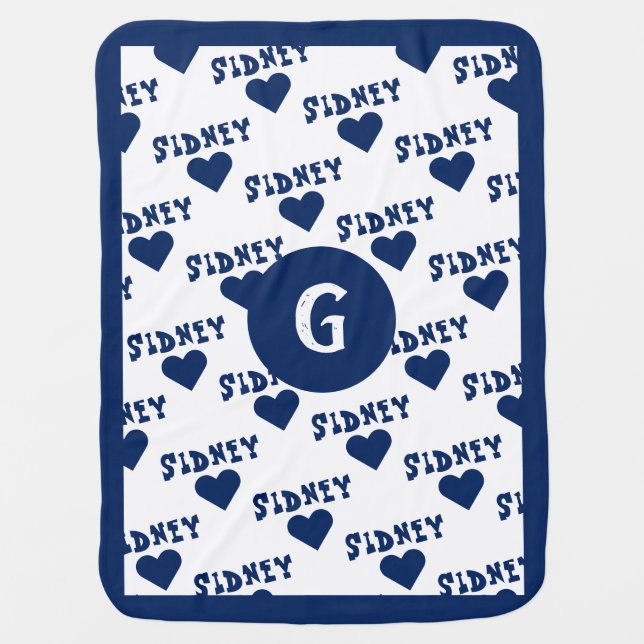 Navy Blue Cute Personalized Name and Monogram Boy Baby Blanket (Front)