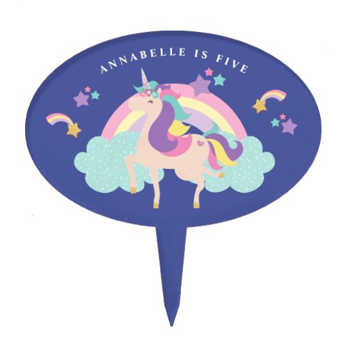 Navy Blue  Cute Rainbow Unicorn Personalized Cake Topper