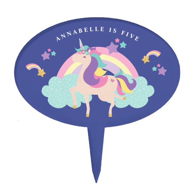 Navy Blue | Cute Rainbow Unicorn Personalized Cake Topper (Front)