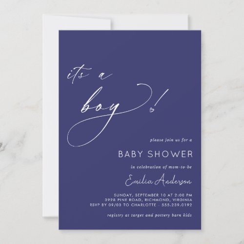 Navy Blue  Cute Simple Its a Boy Baby Shower Invitation