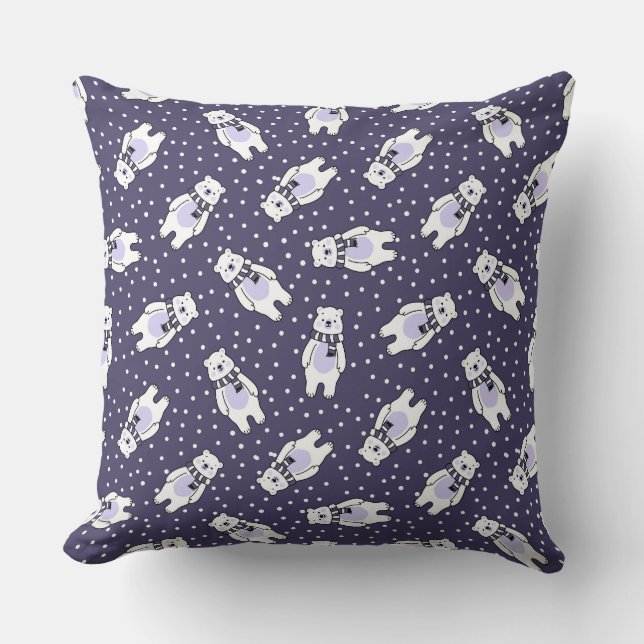 Navy blue cute snow polar bear pattern throw pillow (Front)